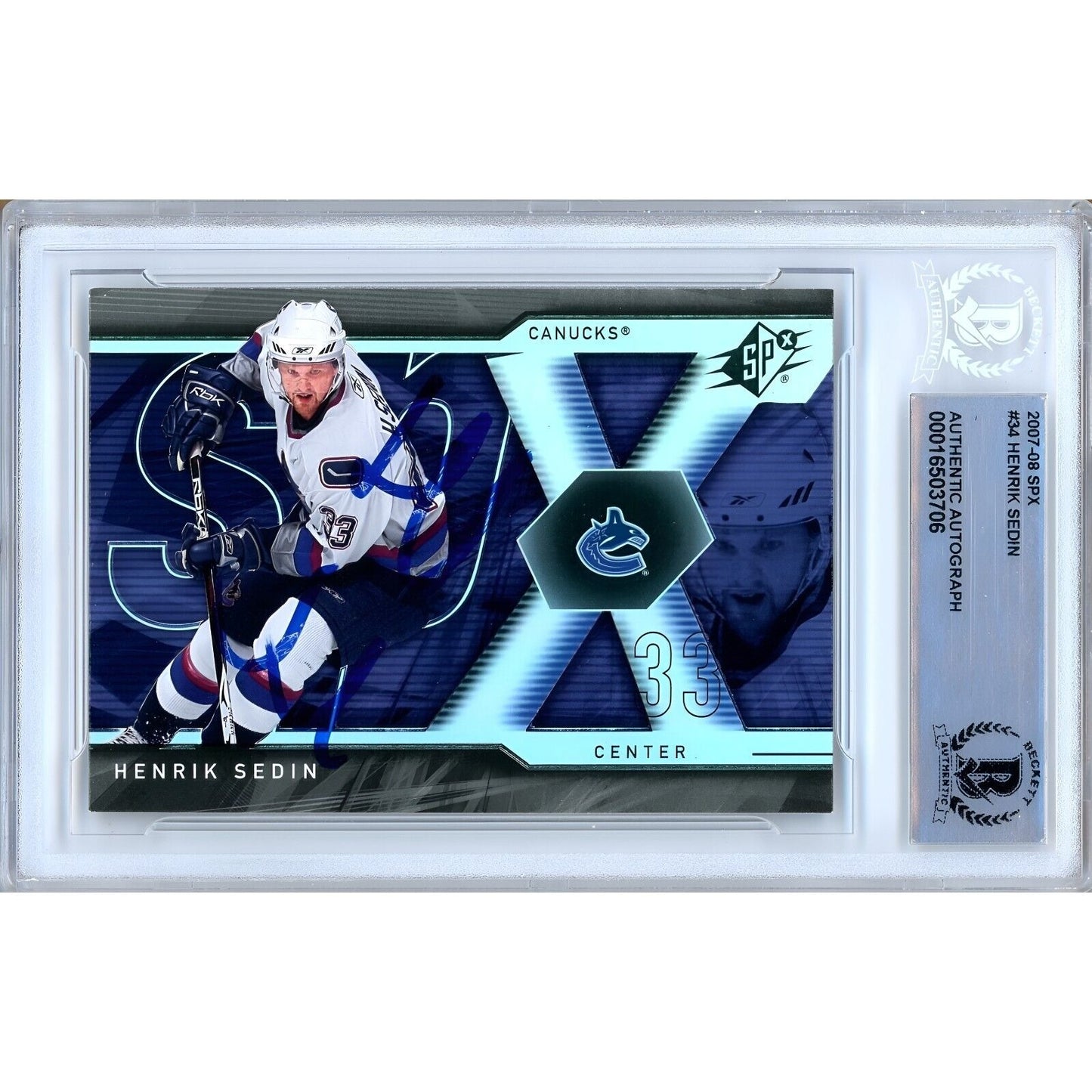 Hockey- Autographed- Henrik Sedin Vancouver Canucks Signed 2007-08 SPx Hockey Card Beckett Authentic Auto Slab Front