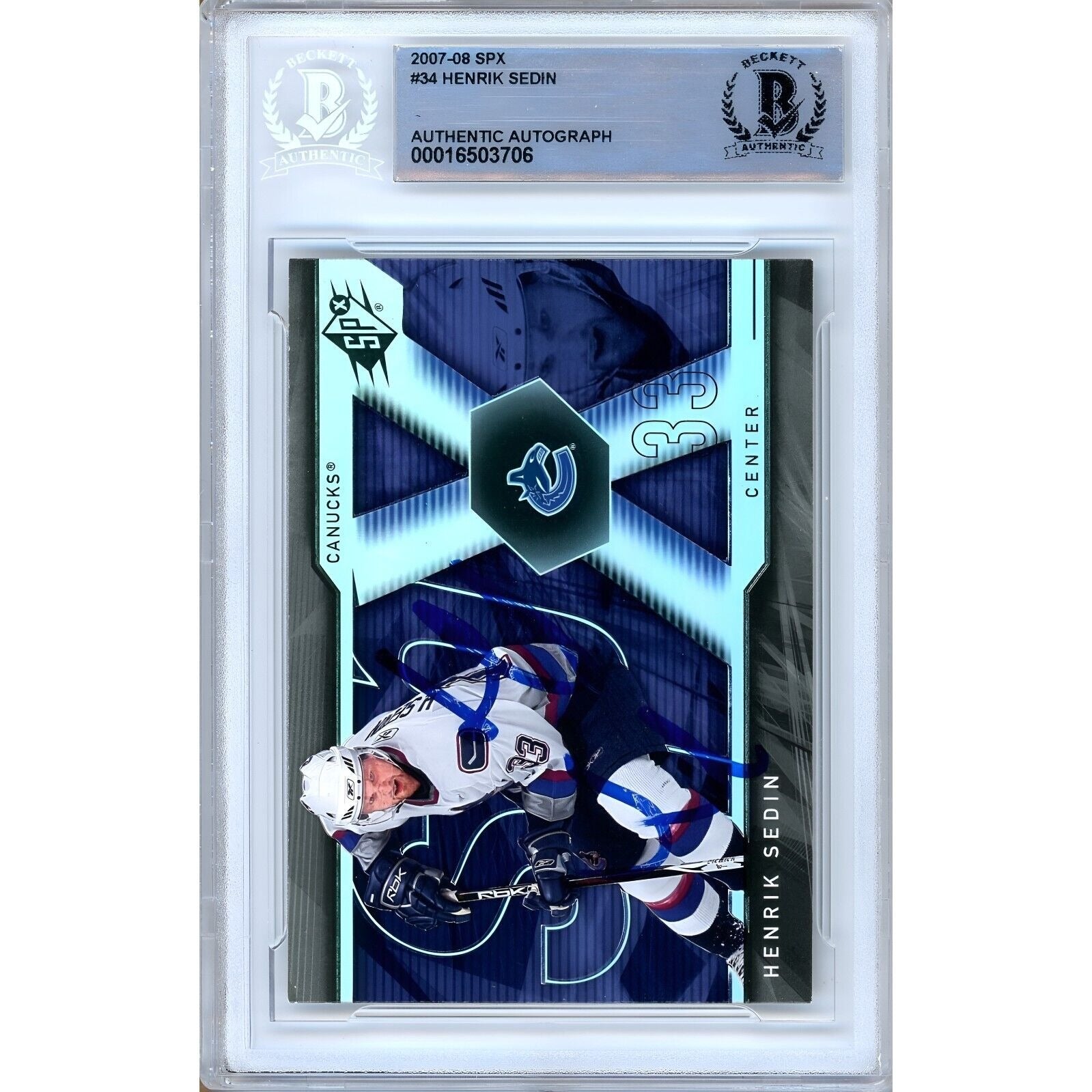 Hockey- Autographed- Henrik Sedin Vancouver Canucks Signed 2007-08 SPx Hockey Card Beckett Authenticated Auto Slab Front