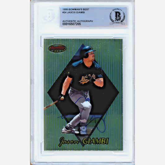 Baseballs- Autographed- Jason Giambi Oakland Athletics Signed 1999 Bowmans Best Baseball Card Beckett Authentic Auto Slab Front