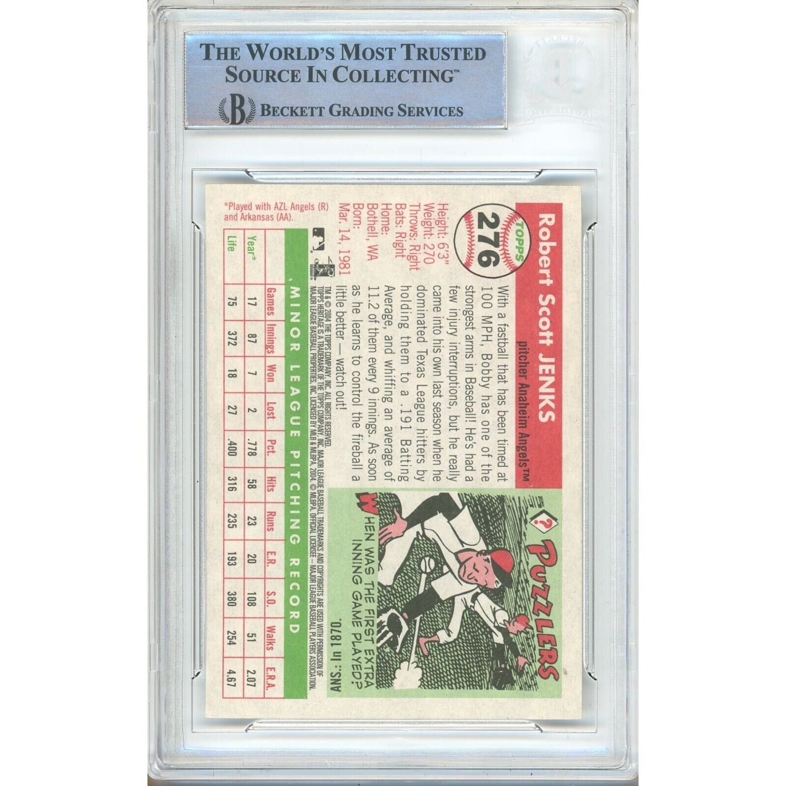 Bobby Jenks Auto Trading Card Beckett BAS