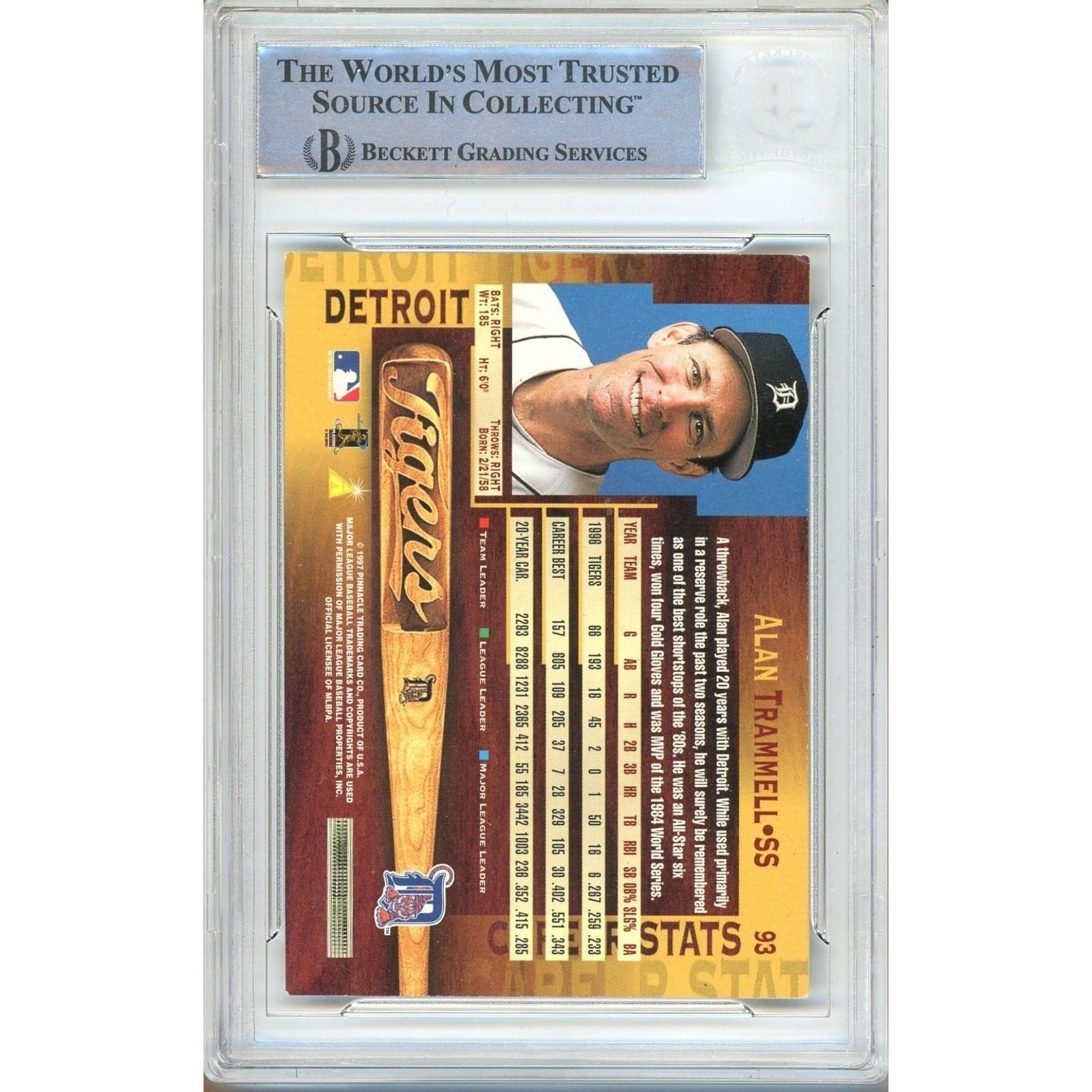 1997 #93 Alan Trammell Detroit Tigers Auto Trading Card – Beckett BAS