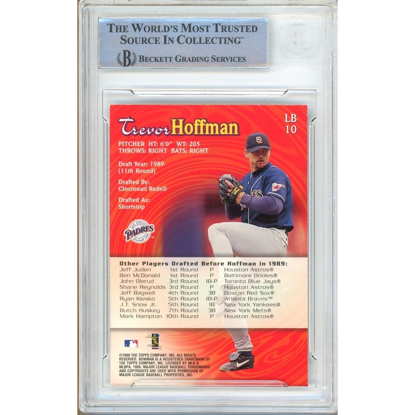 Baseballs- Autographed- Trevor Hoffman San Diego Padres Signed 1999 Bowman Late Bloomers Insert Trading Card Beckett Authentic Auto Slab Back