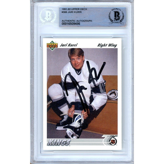 Hockey- Autographed- Jari Kurri Los Angeles Kings Signed 1991-92 Upper Deck Hockey Card Beckett Authentic Auto Slab Front