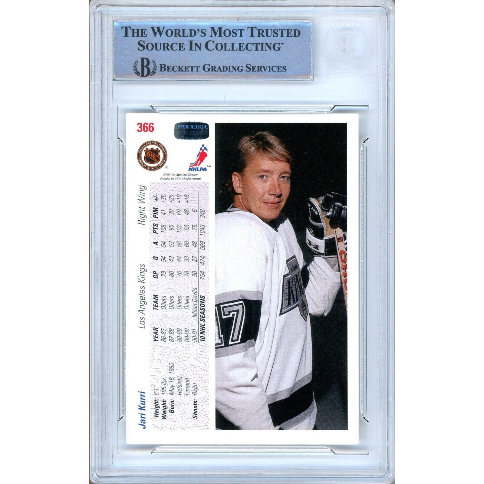 Hockey- Autographed- Jari Kurri Los Angeles Kings Signed 1991-92 Upper Deck Hockey Card Beckett Authentic Auto Slab Back