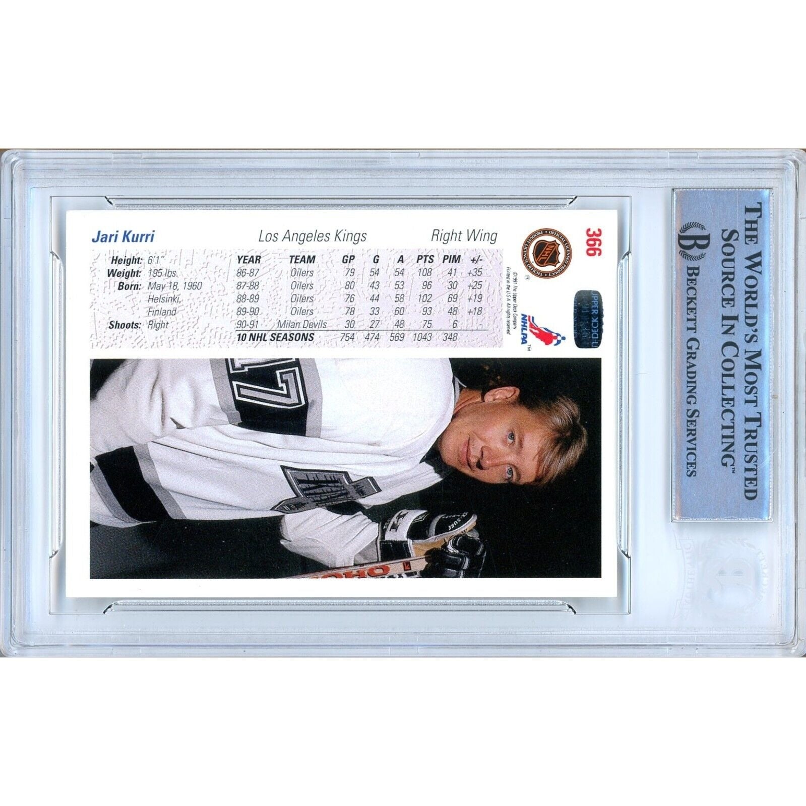 Hockey- Autographed- Jari Kurri Los Angeles Kings Signed 1991-92 Upper Deck Hockey Card Beckett Authenticated Auto Slab Back