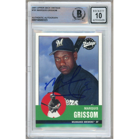 Baseballs- Autographed- Marquis Grissom Milwaukee Brewers Signed 2001 Upper Deck Vintage Baseball Card Beckett Authentic BGS Auto-10 Graded Slab Front