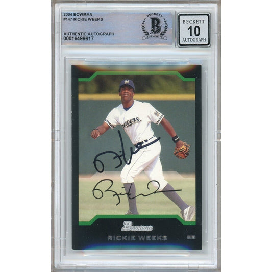 Baseballs- Autographed- Rickie Weeks Milwaukee Brewers Signed 2004 Bowman Trading Card Beckett Authentic BGS Auto-10 Graded Slab Front