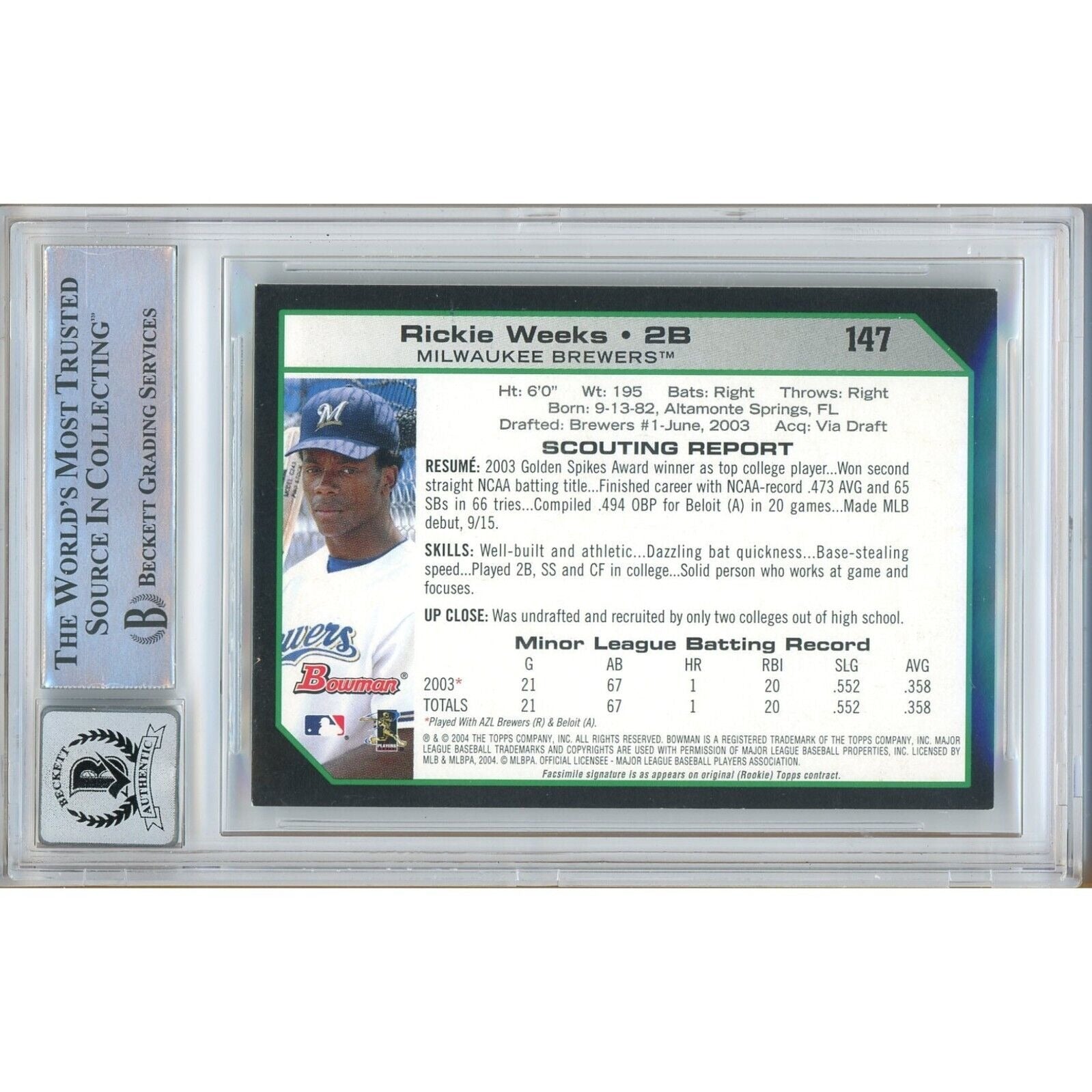 Rickie Weeks Milwaukee Brewers signed trading card – signature close-up – Beckett COA