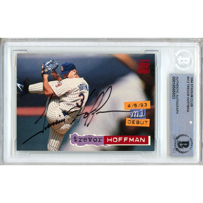 Baseballs- Autographed- Trevor Hoffman San Diego Padres Signed 1994 Topps Stadium Club Trading Card Beckett Authentic Auto Slab Front