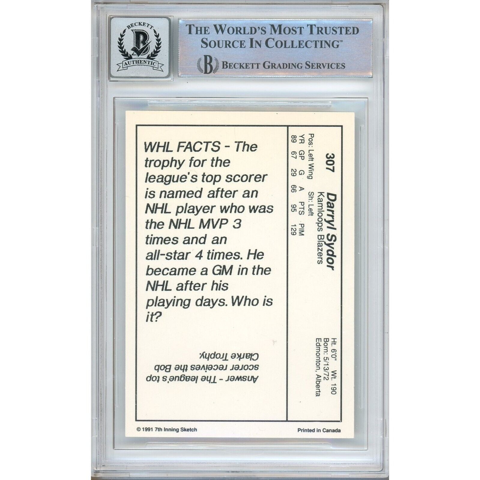 Hockey- Autographed- Darryl Sydor Signed 1990-91 7th Inning Sketch WHL Hockey Card Beckett Authentic BGS Auto-10 Graded Slab Back