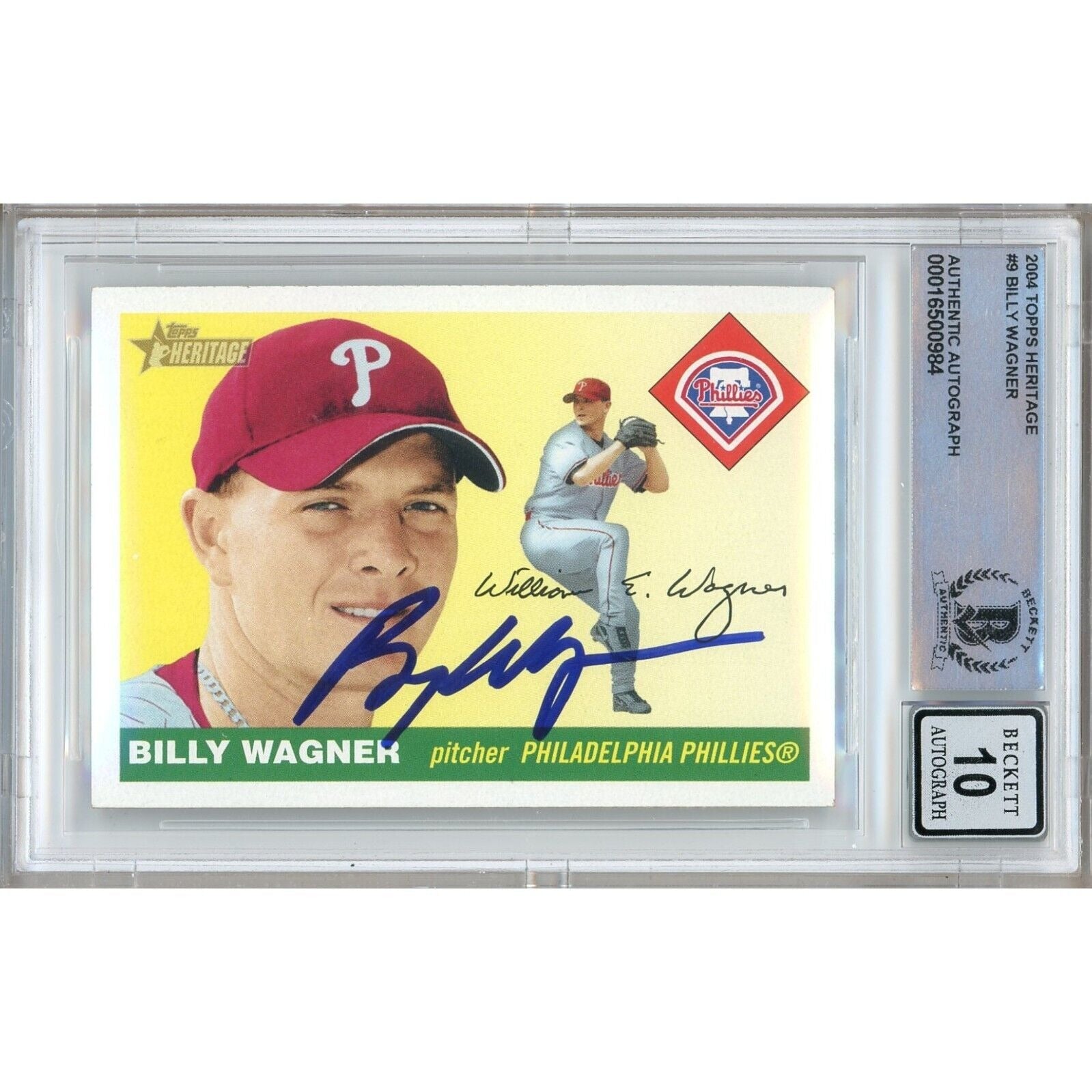 Baseballs- Autographed- Billy Wagner Philadelphia Phillies Signed 2004 Topps Heritage Baseball Card Beckett Authentic BGS Auto-10 Graded Slab Front