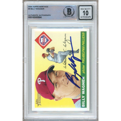 Baseballs- Autographed- Billy Wagner Philadelphia Phillies Signed 2004 Topps Heritage Baseball Card Beckett Authenticated BGS Auto-10 Graded Slab Front