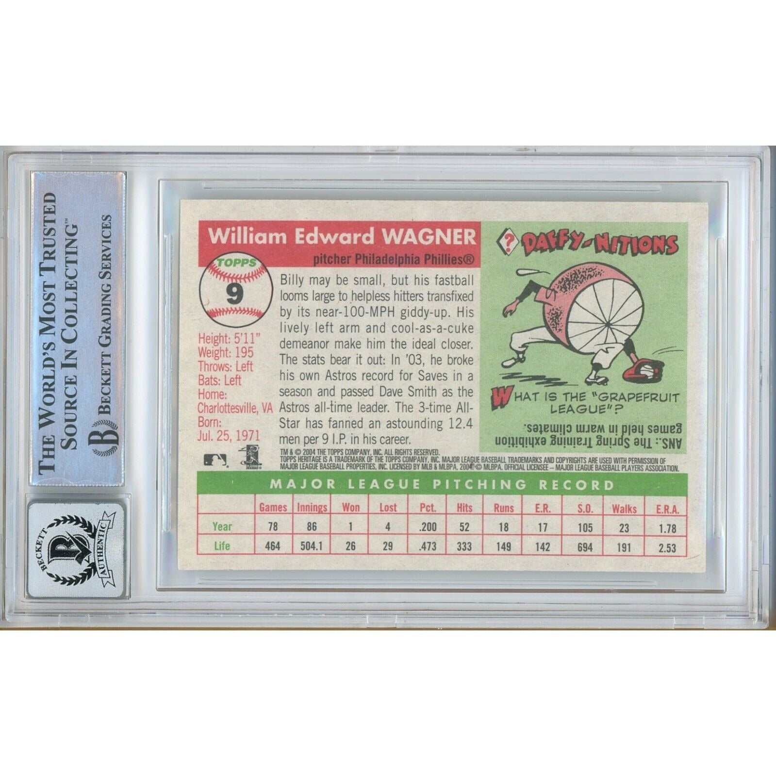 Baseballs- Autographed- Billy Wagner Philadelphia Phillies Signed 2004 Topps Heritage Baseball Card Beckett Authentic BGS Auto-10 Graded Slab Back