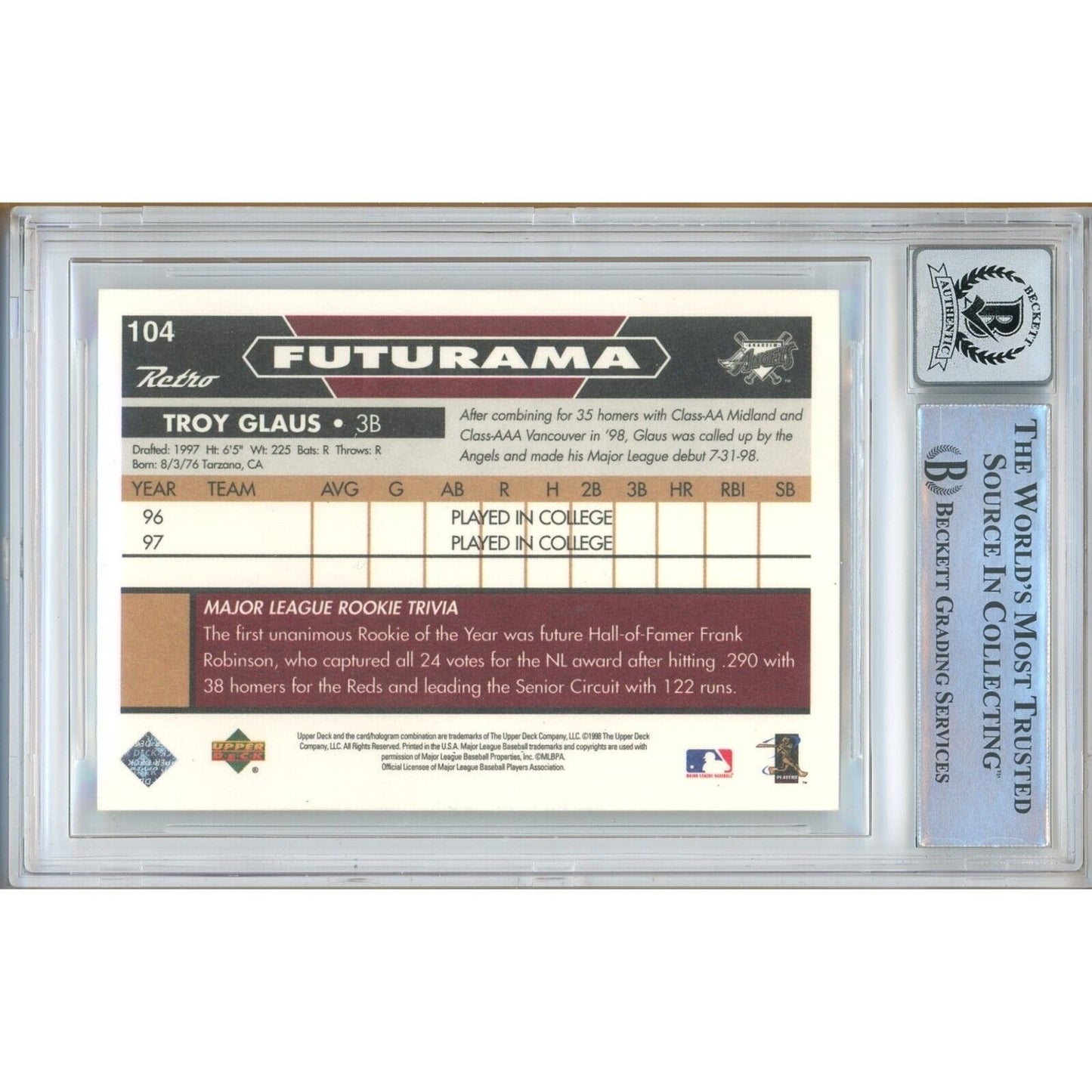 Baseballs- Autographed- Troy Glaus Los Angeles Angels Signed 1998 Upper Deck Retro Rookie Trading Card Beckett Authentic BGS Auto-10 Graded Slab Back