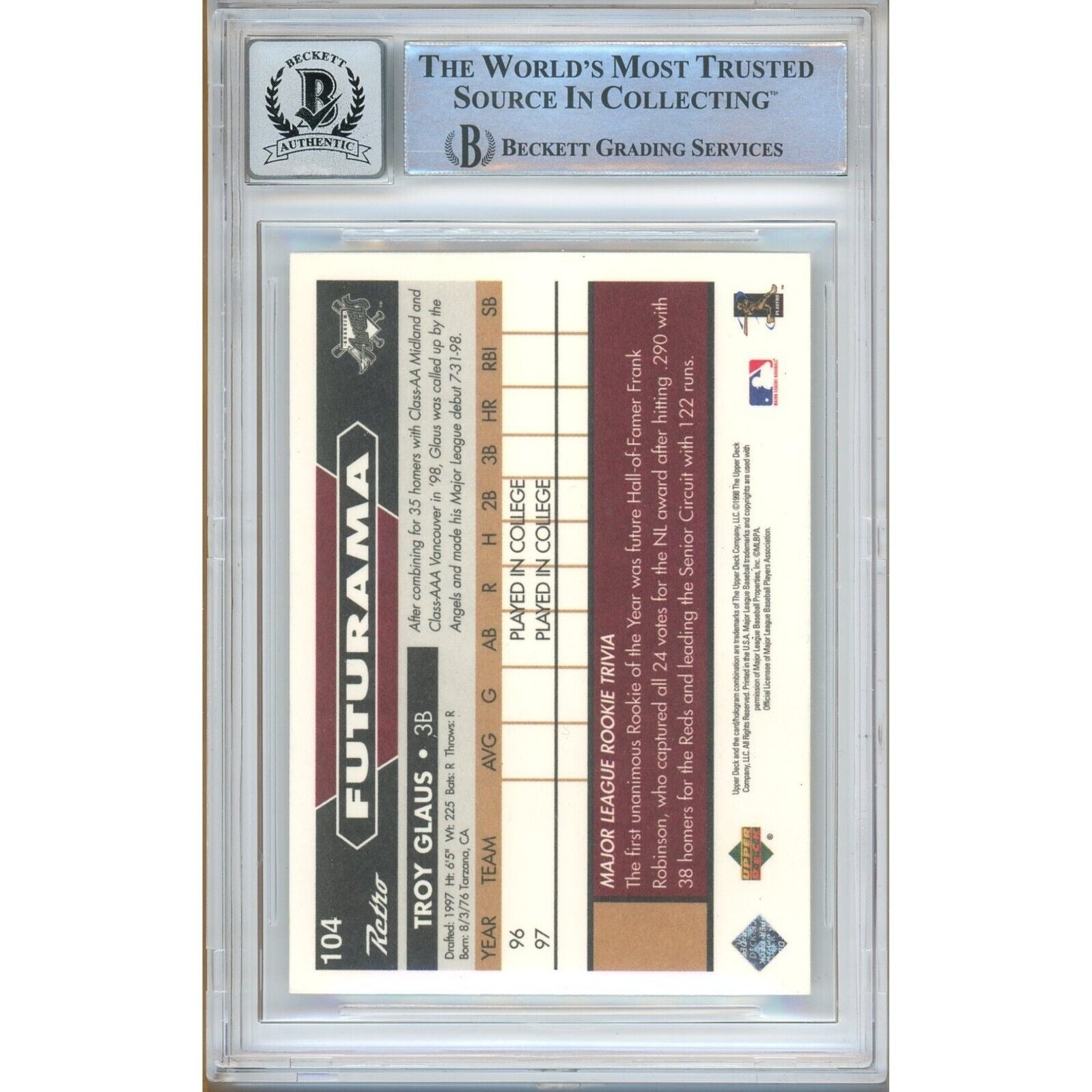 Baseballs- Autographed- Troy Glaus Anaheim Angels Signed 1998 Upper Deck Retro Rookie Trading Card Beckett Authentic BGS Auto-10 Graded Slab Back