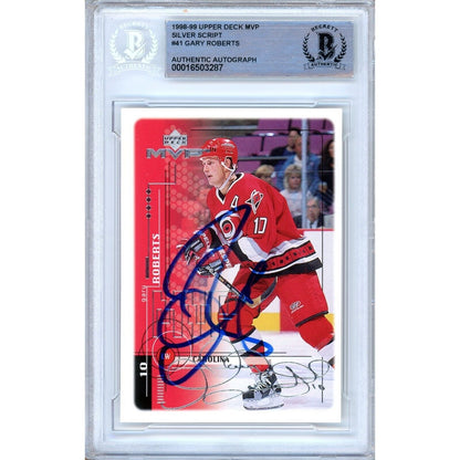 Hockey- Autographed- Gary Roberts Carolina Hurricanes Signed 1998-99 Upper Deck MVP Silver Script Hockey Card Beckett Authentic Auto Slab Front