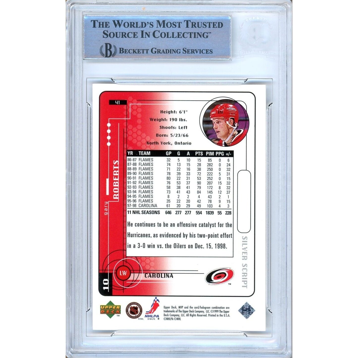 Hockey- Autographed- Gary Roberts Carolina Hurricanes Signed 1998-99 Upper Deck MVP Silver Script Hockey Card Beckett Authentic Auto Slab Back