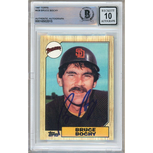 Baseballs- Autographed- Bruce Bochy San Diego Padres Signed 1987 Topps Trading Card Beckett Authentic BGS Auto-10 Graded Slab Front