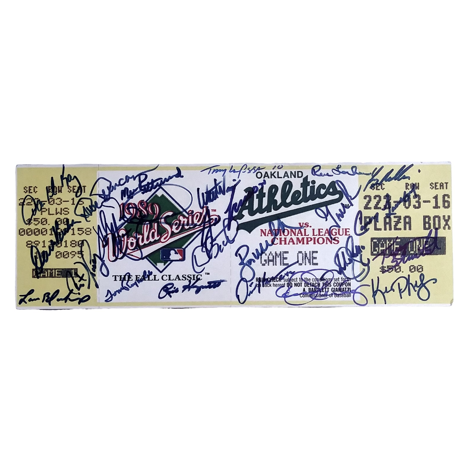 Baseballs- Autographed- 1989 Oakland Athletics A's Team Signed Autographed World Series Mini Mega Ticket Beckett BAS Authentication 102
