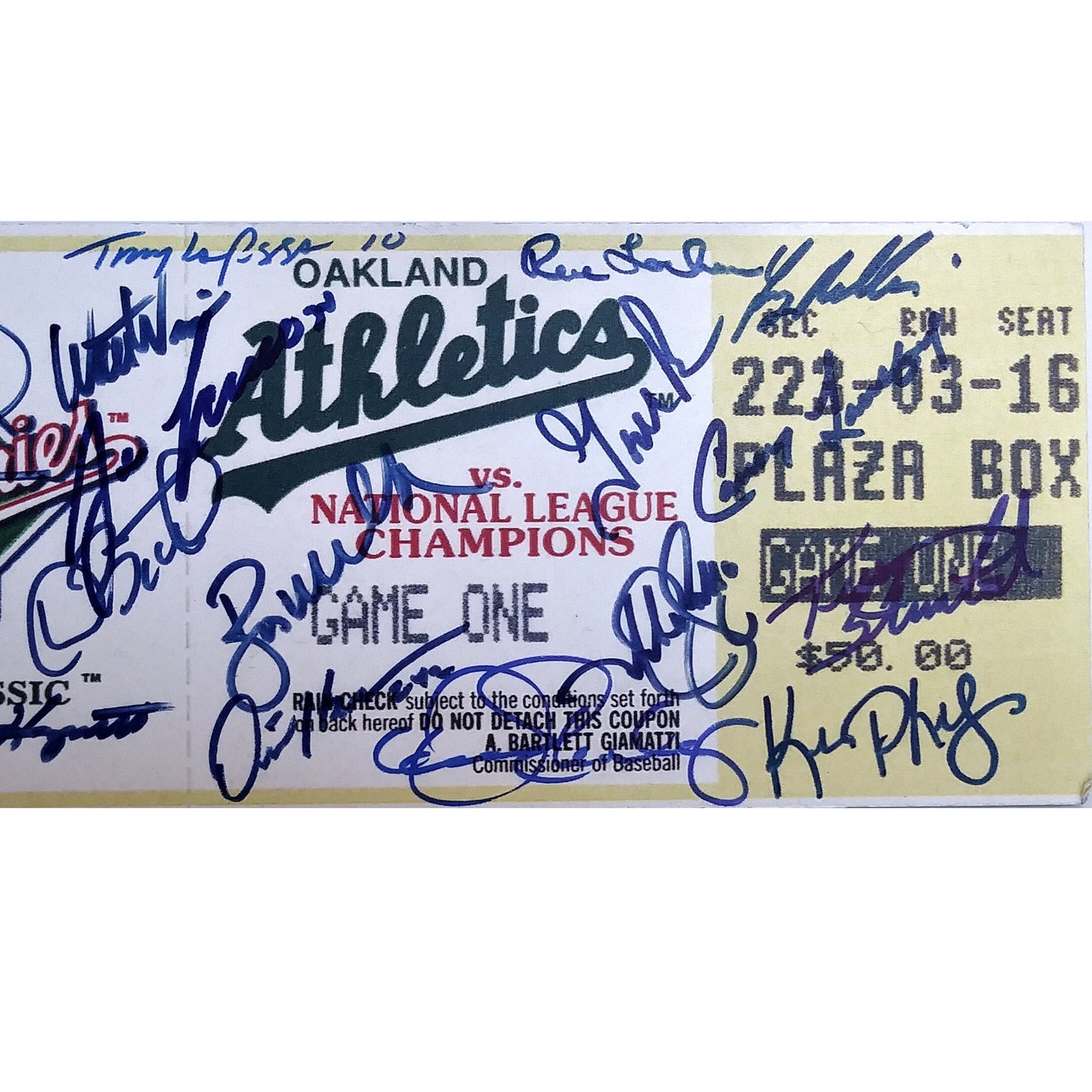 Baseballs- Autographed- 1989 Oakland Athletics A's Team Signed Autographed World Series Mini Mega Ticket Beckett BAS Authentication 103