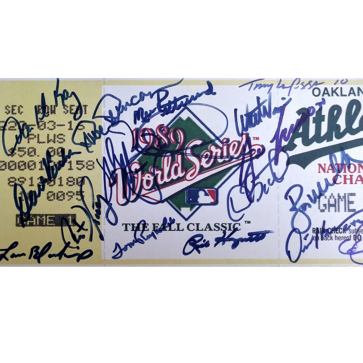 Baseballs- Autographed- 1989 Oakland Athletics A's Team Signed Autographed World Series Mini Mega Ticket Beckett BAS Authentication 104
