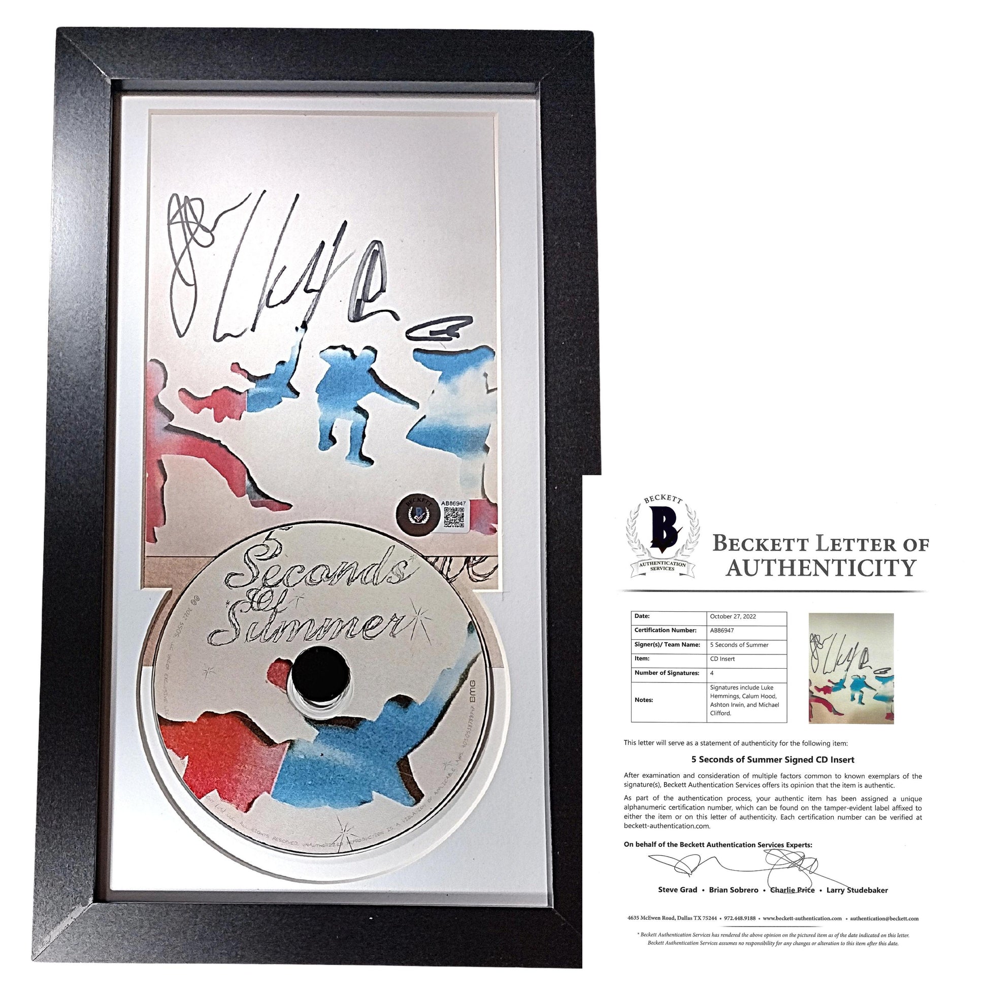 Music- Autographed- 5 Seconds of Summer Signed 5SOS CD Insert Framed Matted Wall Display Beckett Authentication 101