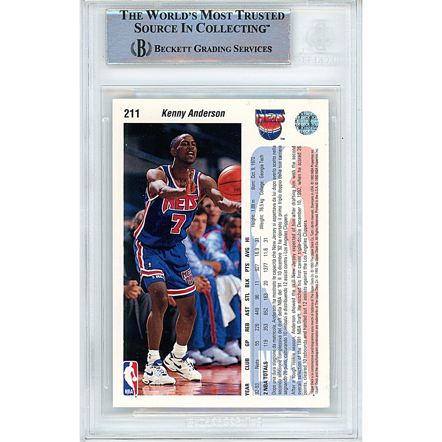 Basketballs- Autographed- Kenny Anderson Signed New Jersey Nets 1992-1993 Upper Deck International Italian Edition Basketball Card Beckett Authentication Slabbed 00014998757 - 102