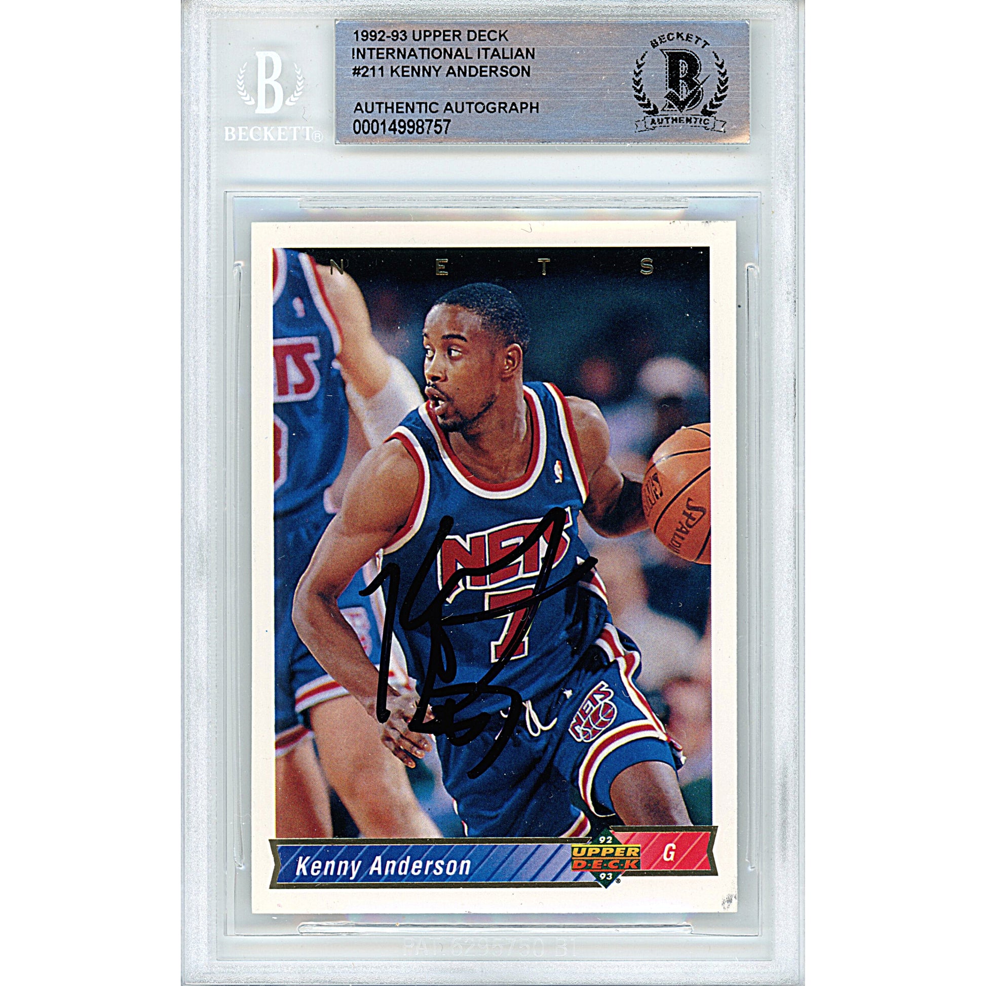 Basketballs- Autographed- Kenny Anderson Signed New Jersey Nets 1992-1993 Upper Deck International Italian Edition Basketball Card Beckett Authentication Slabbed 00014998757 - 101