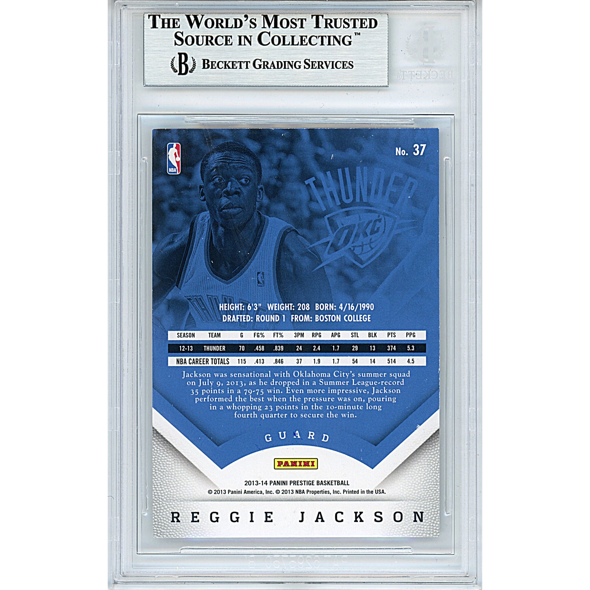 Basketballs- Autographed- Reggie Jackson Signed Oklahoma City Thunder 2013-2014 Panini Prestige Basketball Card Beckett BAS Slabbed 00013694971 - 102