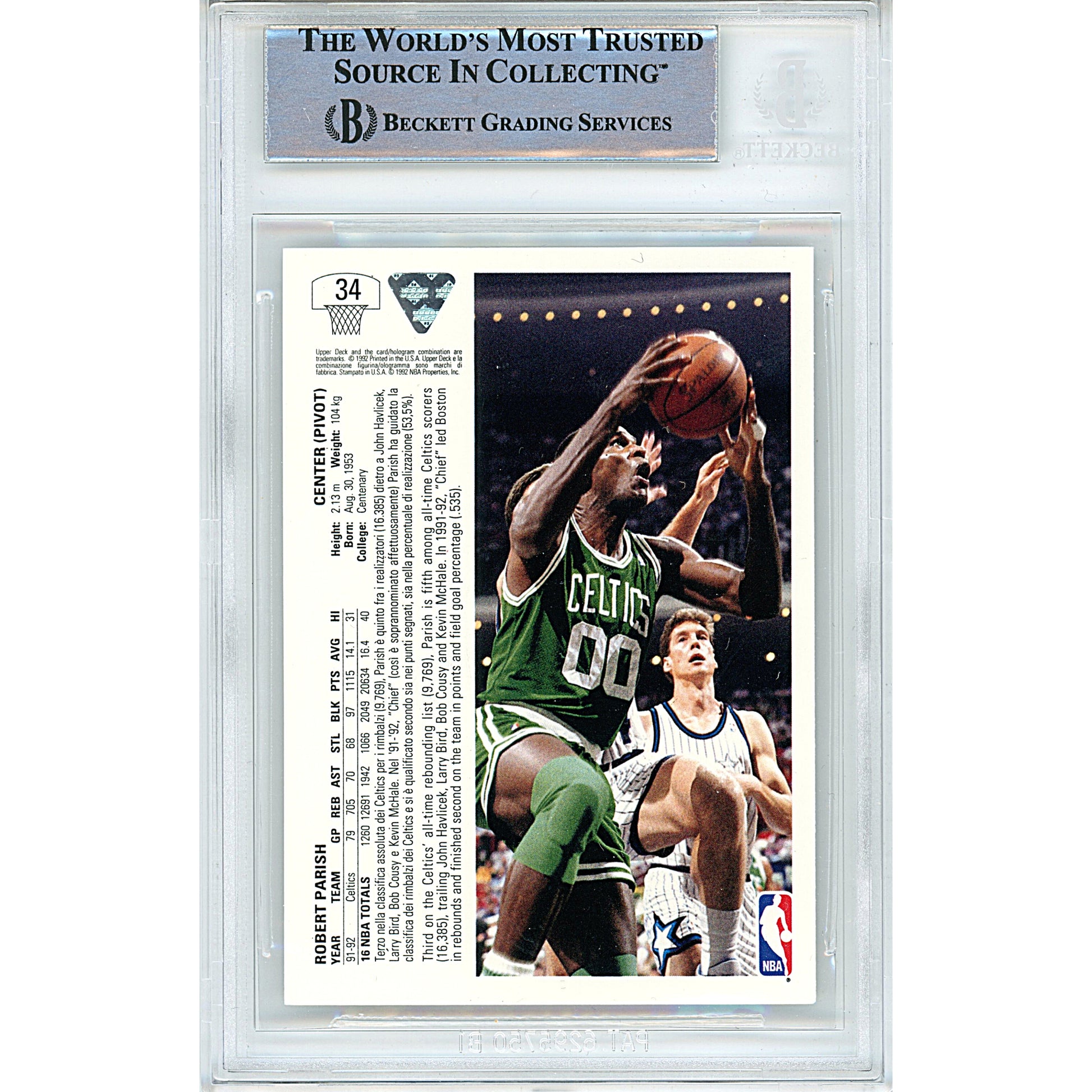 Basketballs- Autographed- Robert Parish Signed Boston Celtics 1992 Upper Deck European International Italian Basketball Card Beckett Authentication Slabbed 00014998721 - 102