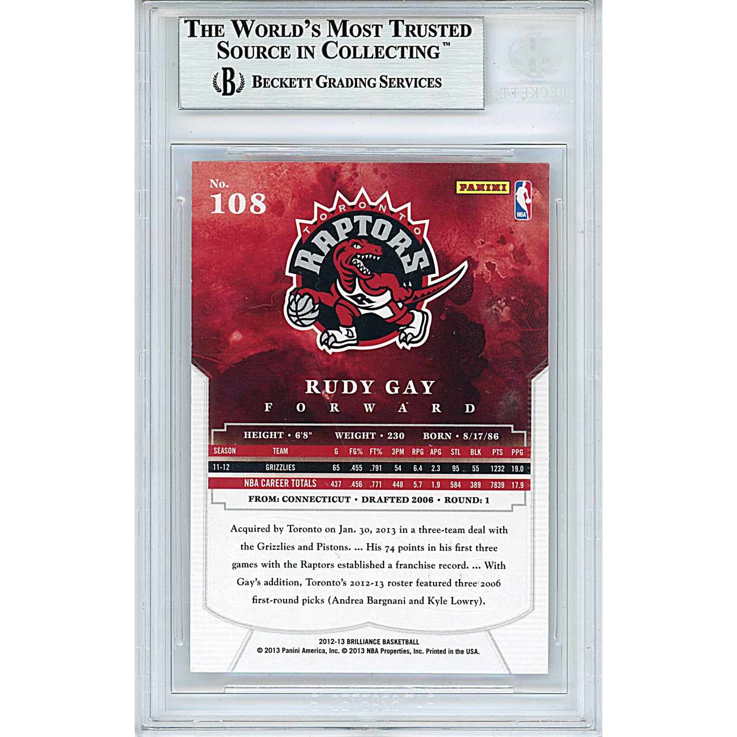 Basketballs- Autographed- Rudy Gay Signed Toronto Raptors 2012-2013 Panini Brilliance Basketball Card Beckett BAS Slabbed 00013694962 - 102