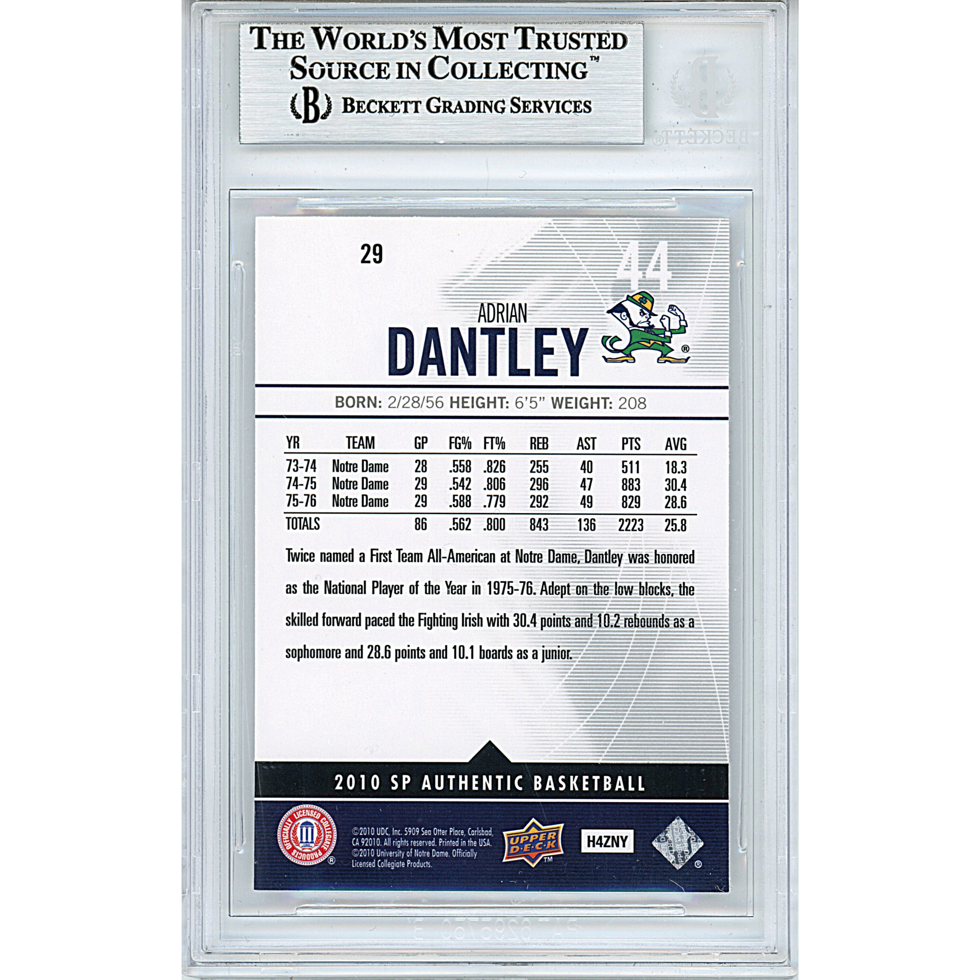 2010 Upper Deck #4 Adrian Dantley Signed Trading Card – Beckett BAS