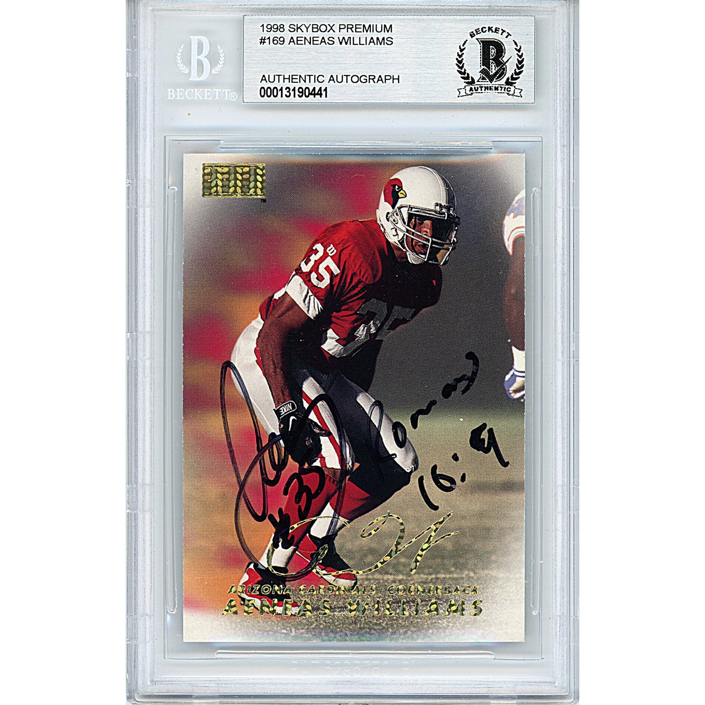 Footballs- Autographed- Aeneas Williams Signed Arizona Cardinals 1998 Skybox Premium Football Trading Card Beckett BAS Encapsulation Slabbed 00013190441 - 101