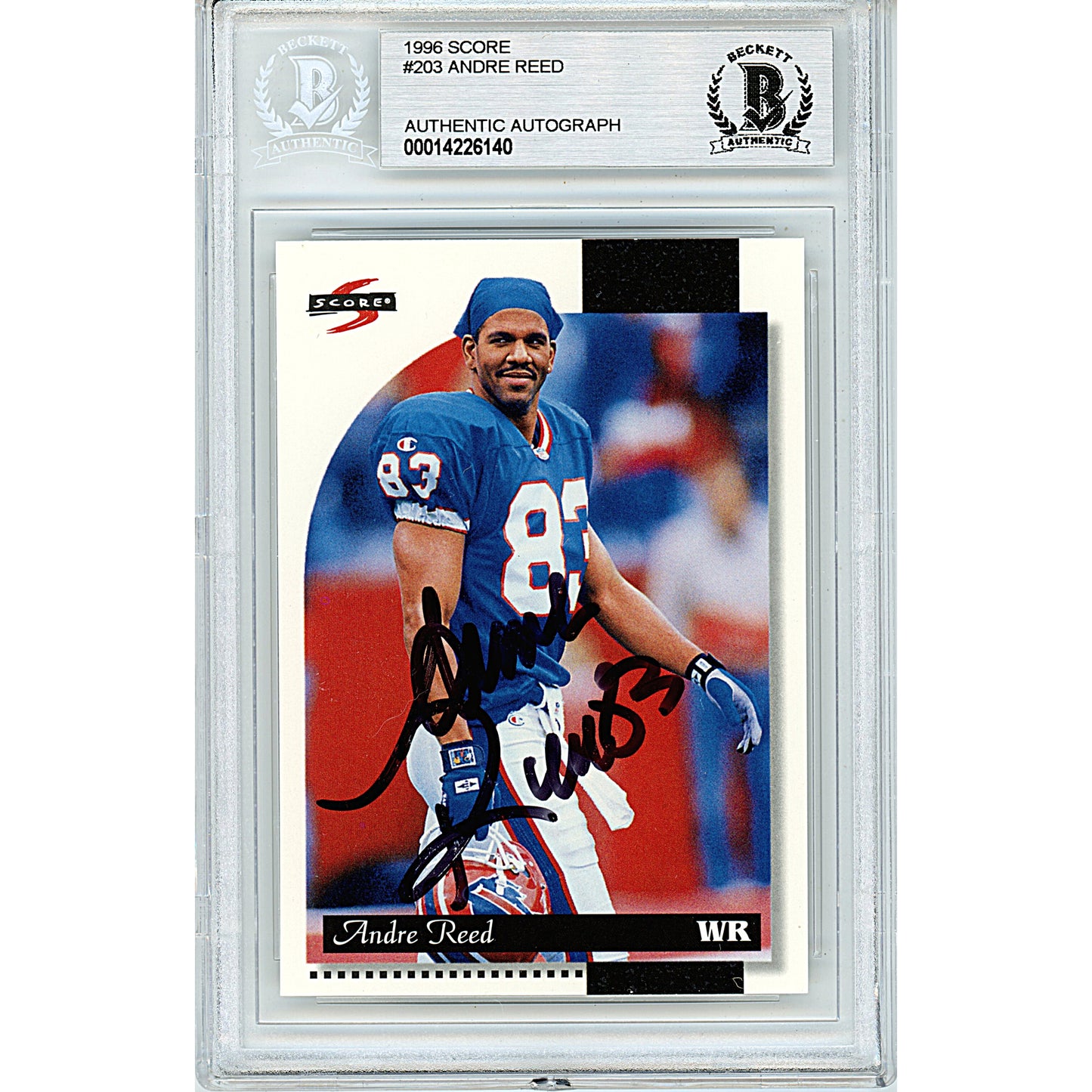 Footballs- Autographed- Andre Reed Signed 1996 Score Football Card Buffalo Bills Beckett BAS Slabbed 00014226140 - 101