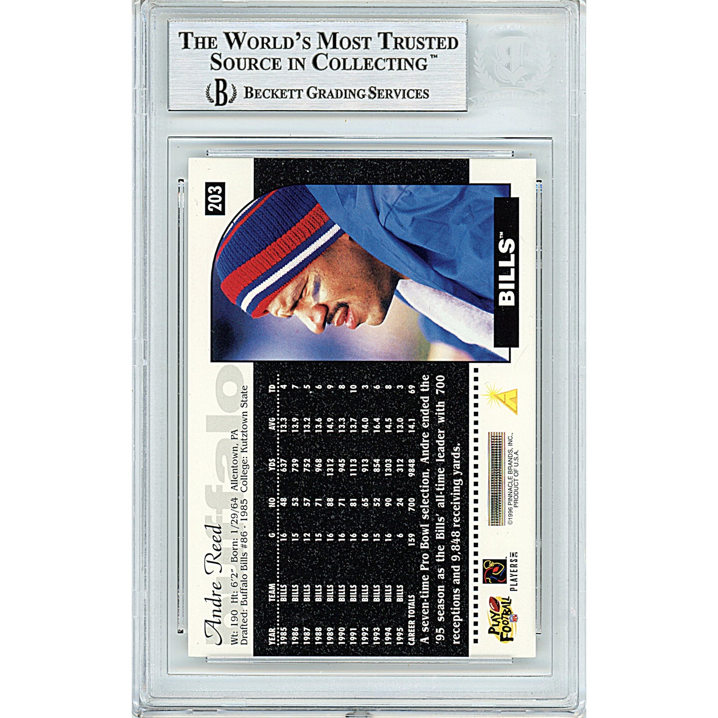 Footballs- Autographed- Andre Reed Signed 1996 Score Football Card Buffalo Bills Beckett BAS Slabbed 00014226140 - 103