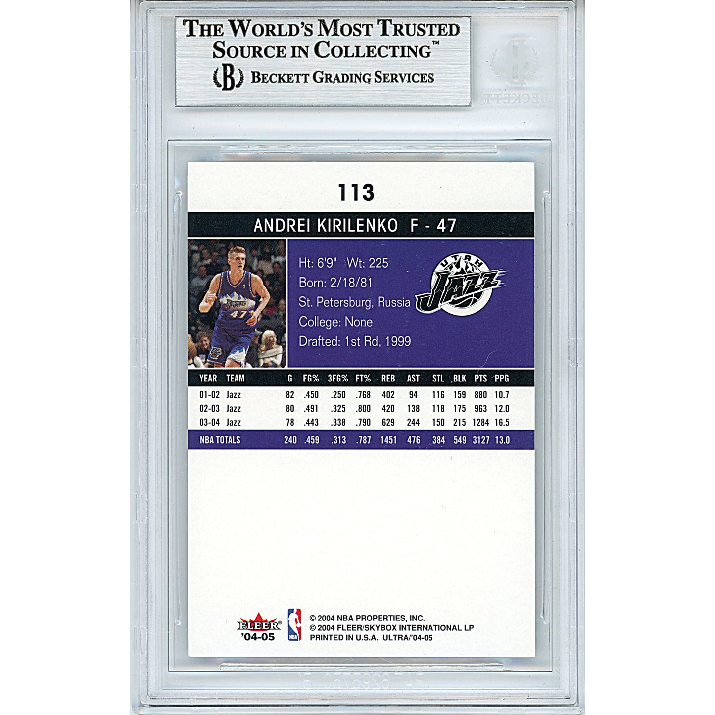 Basketballs- Autographed- Andrei Kirilenko Signed Utah Jazz 2004-2005 Fleer Ultra Basketball Card Beckett BAS Slabbed 00013190788 - 102
