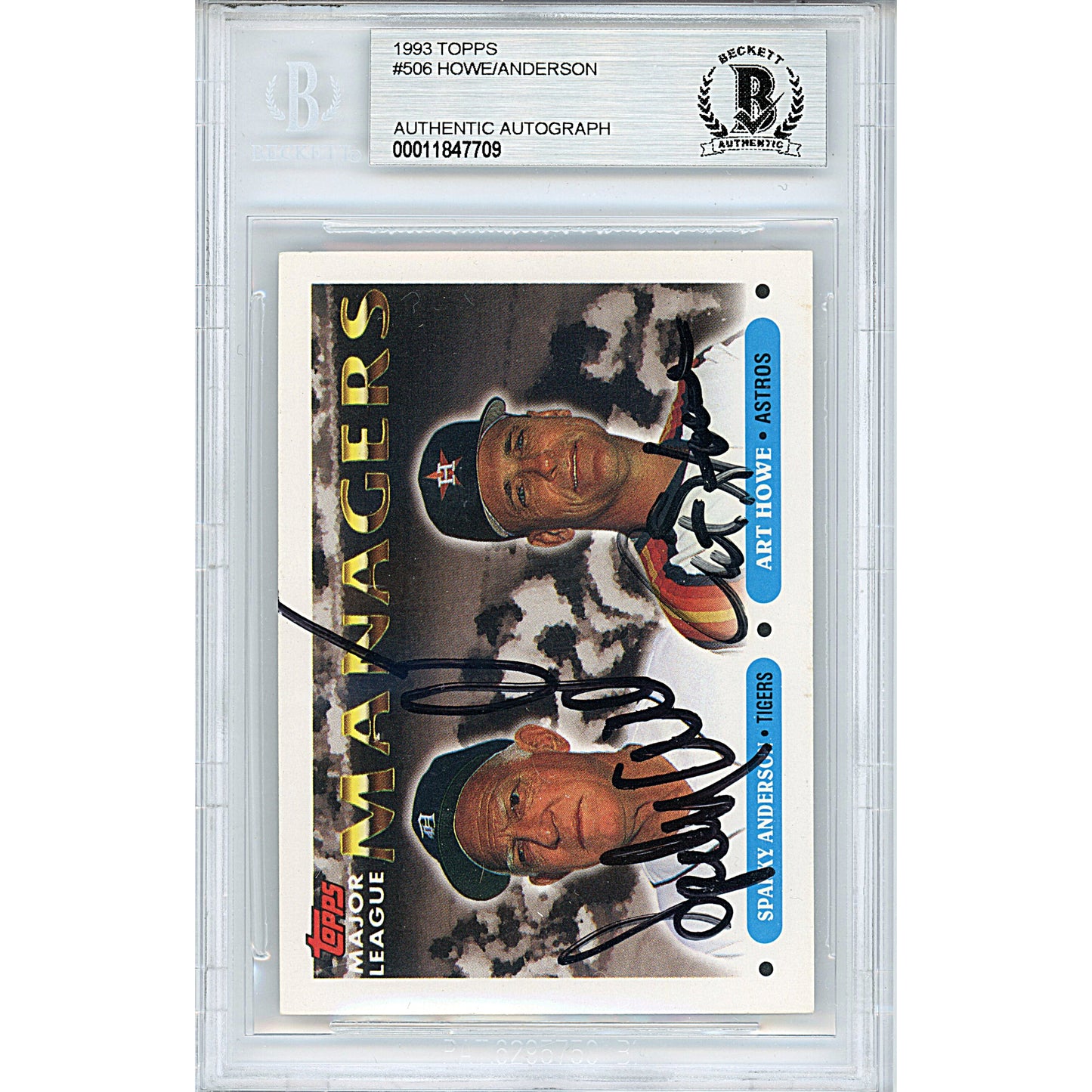 Baseballs- Autographed- Art Howe and Sparky Anderson Signed 1993 Topps Major League Managers Base Set Baseball Trading Card - Houston Astros - Detroit Tigers - Beckett BGS BAS Slabbed - Encapsulated 00011847709 - 102