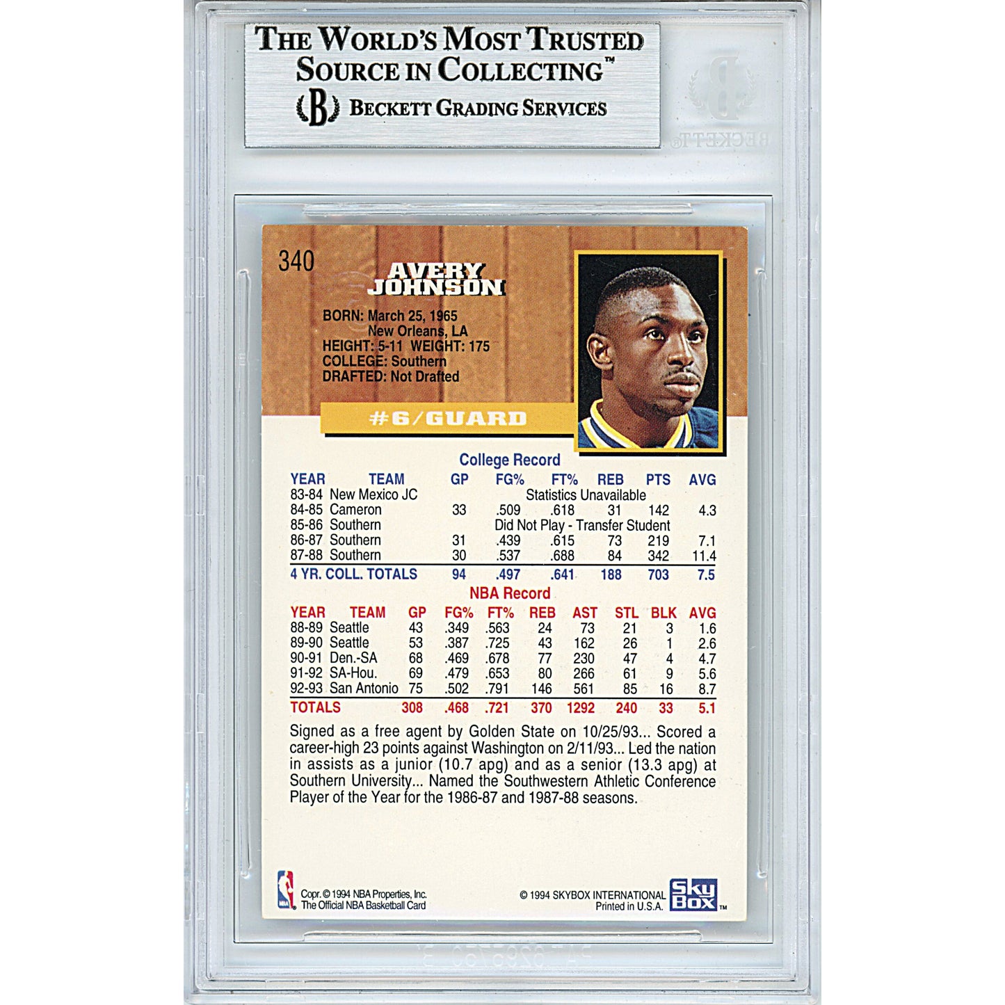 Basketballs- Autographed- Avery Johnson Signed Golden State Warriors 1993-1994 Hoops Gold Basketball Card Beckett BAS Slabbed 00013190781 - 102
