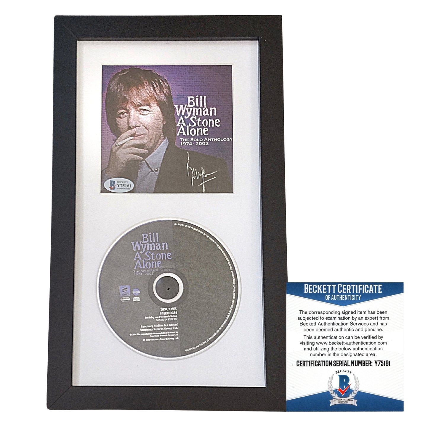 Music- Autographed- Bill Wyman Signed 'A Stone Alone' Compact Disc Cover Framed and Matted CD Wall Display The Rolling Stones Beckett Authentication 201