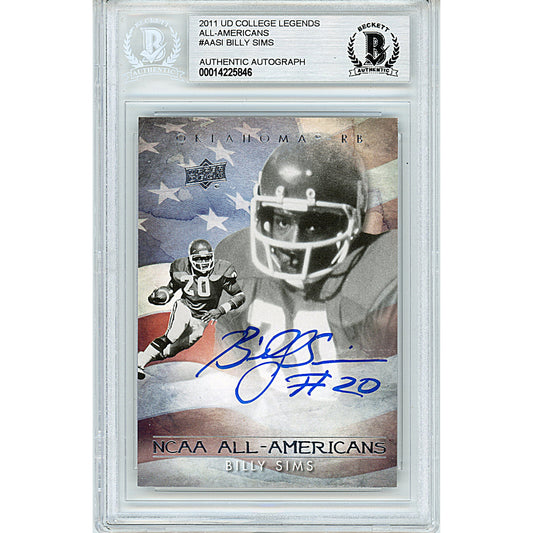 Footballs- Autographed- Billy Sims Signed Oklahoma Sooners 2011 Upper Deck College Legends All-Americans Football Card Beckett BAS Slabbed 00014225846 - 101