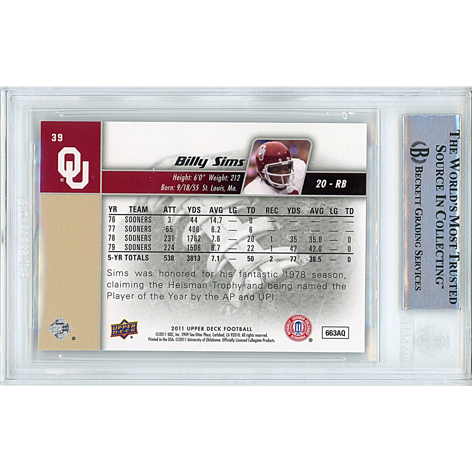 Football- Autographed- Billy Sims Signed 2011 Upper Deck Oklahoma Sooners Football Card Beckett Authentication Slabbed 00014998103 - 102