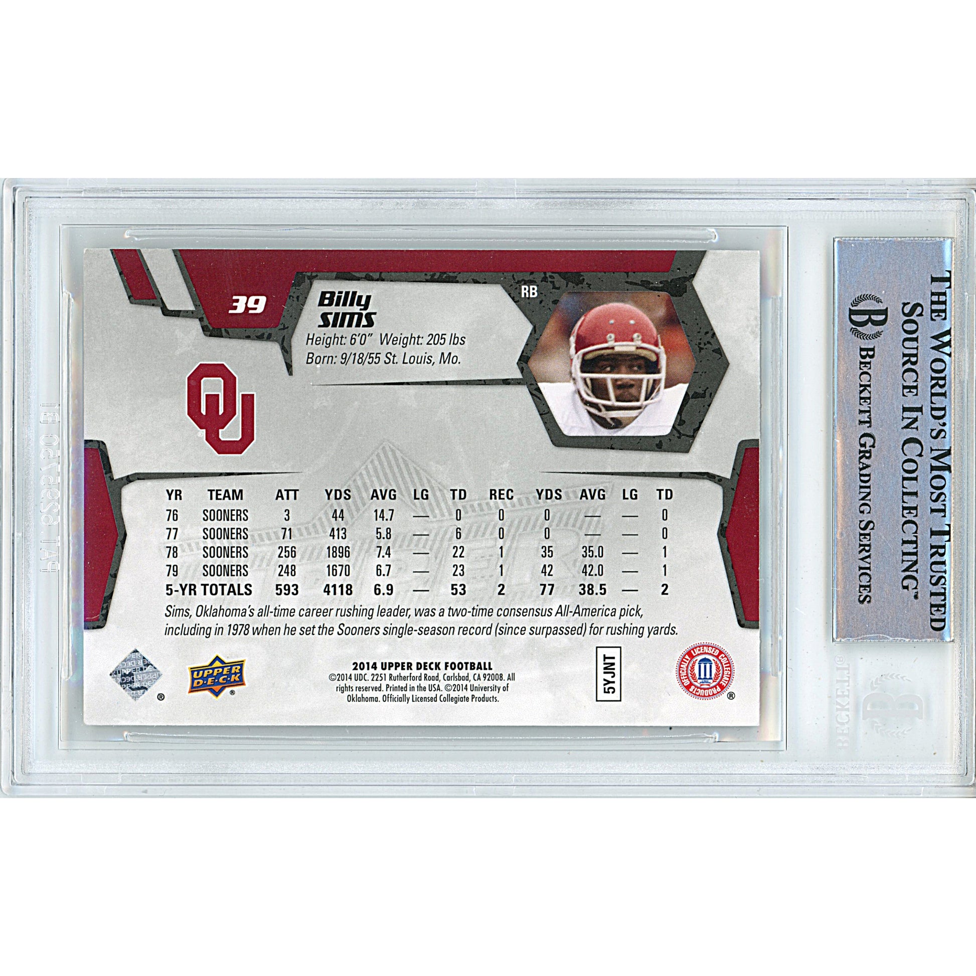 Football- Autographed- Billy Sims Signed Oklahoma Sooners 2014 Upper Deck Football Card Beckett Authentication Slabbed 00014998073 - 102