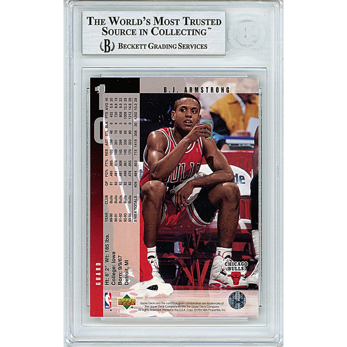 Basketballs- Autographed- BJ Armstrong Signed Chicago Bulls 1994-1995 Upper Deck Basketball Card Beckett BAS Slabbed 00014225472 - 102