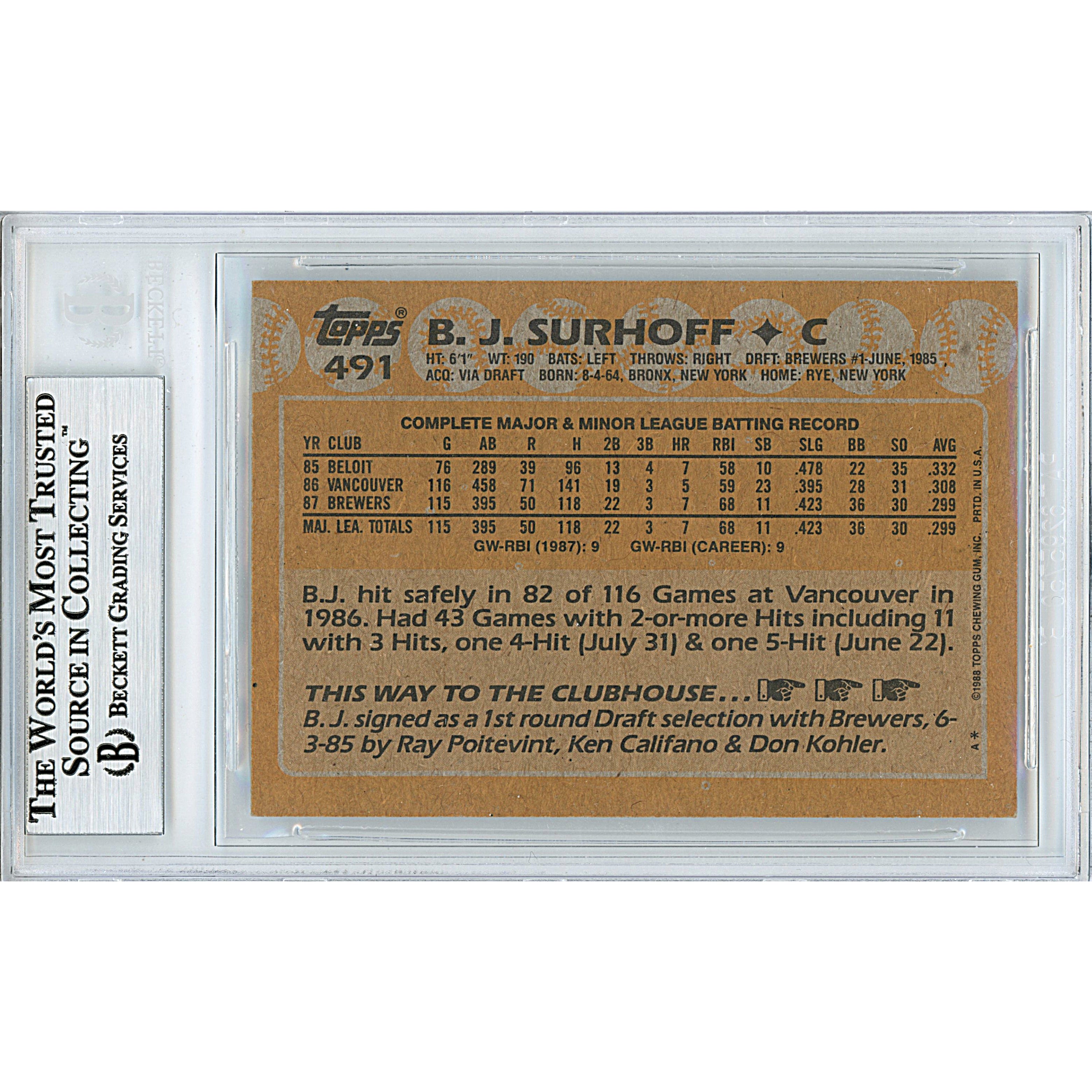 1988 Topps #491 BJ Surhoff Signed Trading Card – Beckett BAS