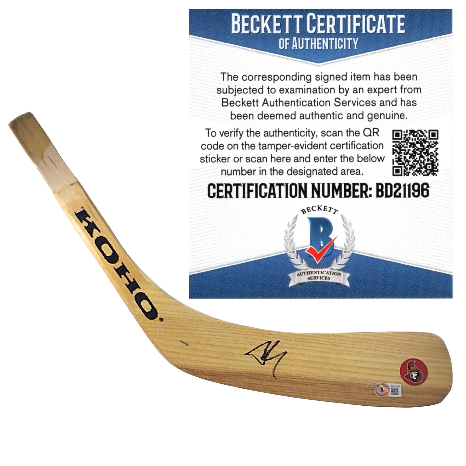 Hockey- Autographed- Brady Tkachuk Signed Ottawa Senators Hockey Stick Blade Exact Proof Beckett Authentication 101