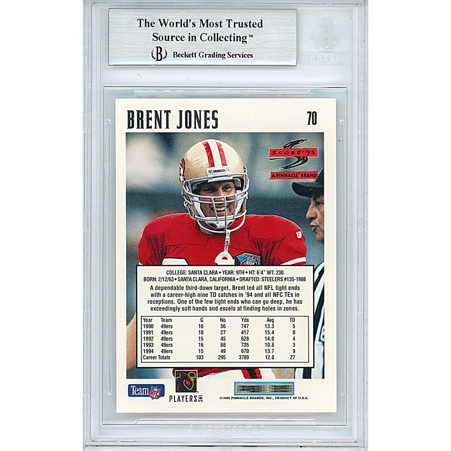 Footballs- Autographed- Brent Jones Signed 1995 Score Football Trading Card Beckett BAS Authenticated Slabbed 00013247805 - 103