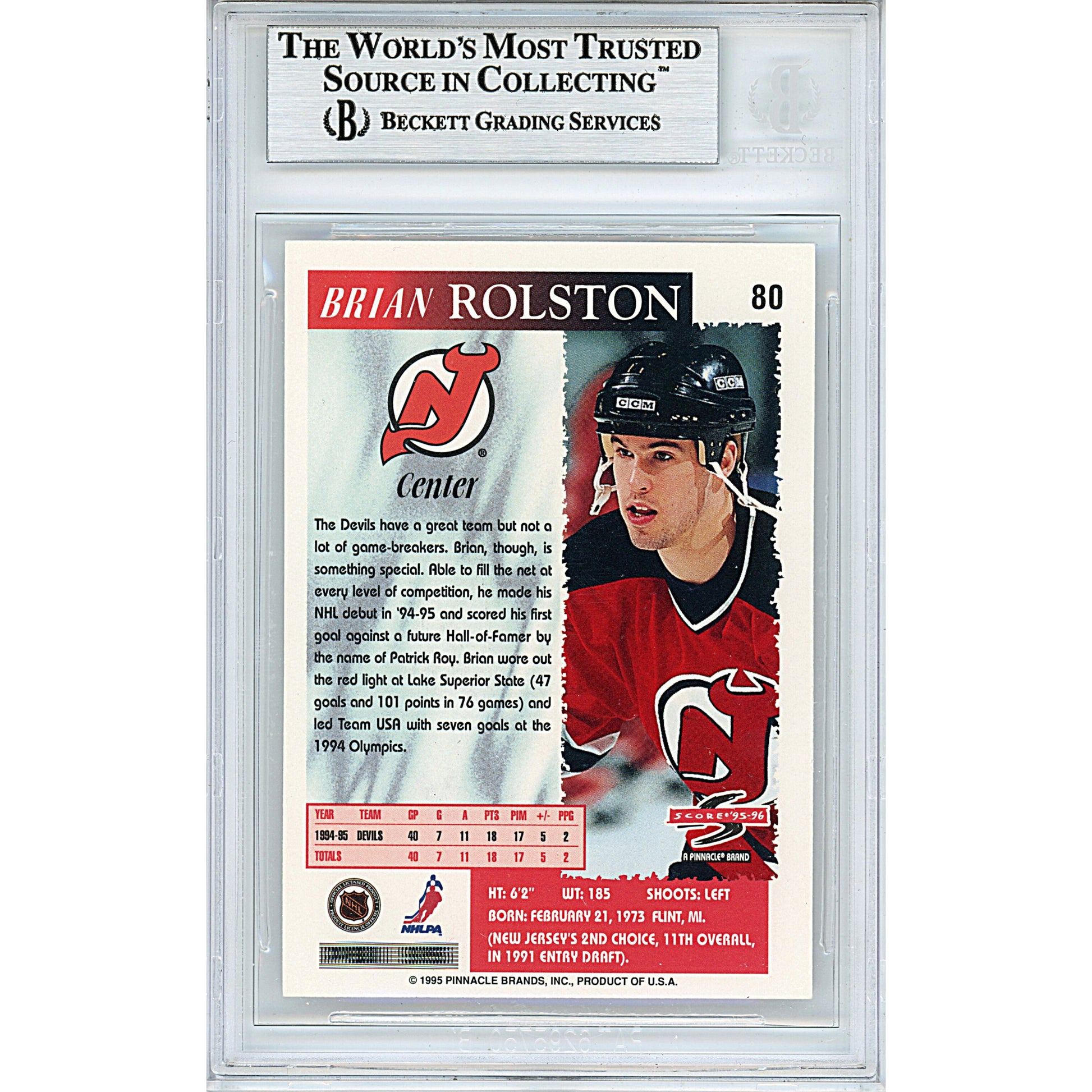 Hockey- Autographed- Brian Rolston Signed New Jersey Devils 1995-1996 Score Hockey Card Beckett BAS Slabbed 00013190908 - 102