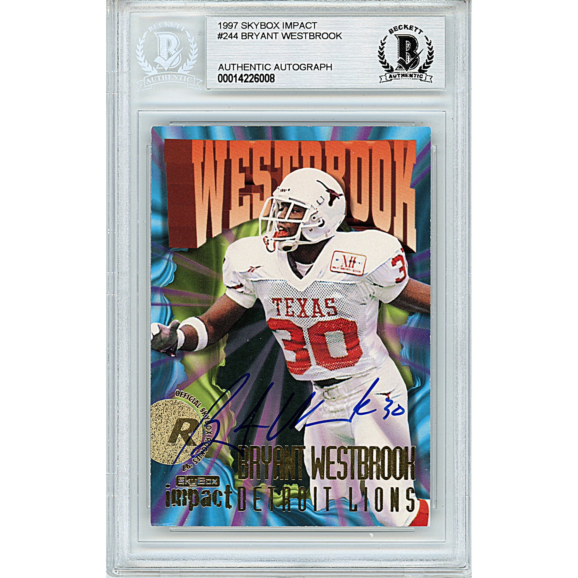 Footballs- Autographed- Bryant Westbrook Signed Texas Longhorns 1997 Skybox Impact Rookie Football Card Beckett BAS Slabbed 00014226008 - 101