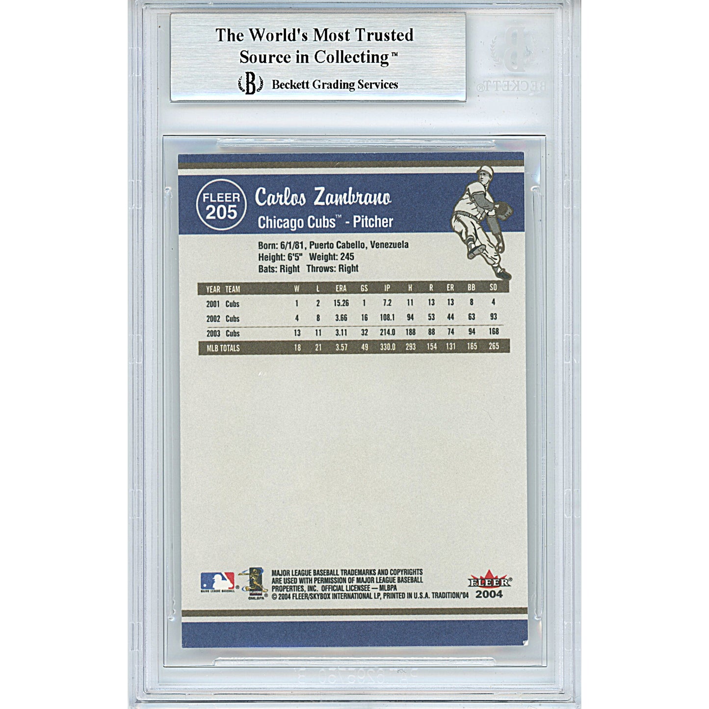 Baseballs- Autographed- Carlos Zambrano Signed Chicago Cubs 2004 Fleer Tradition Baseball Card Beckett BAS Slabbed 00013248202 - 102