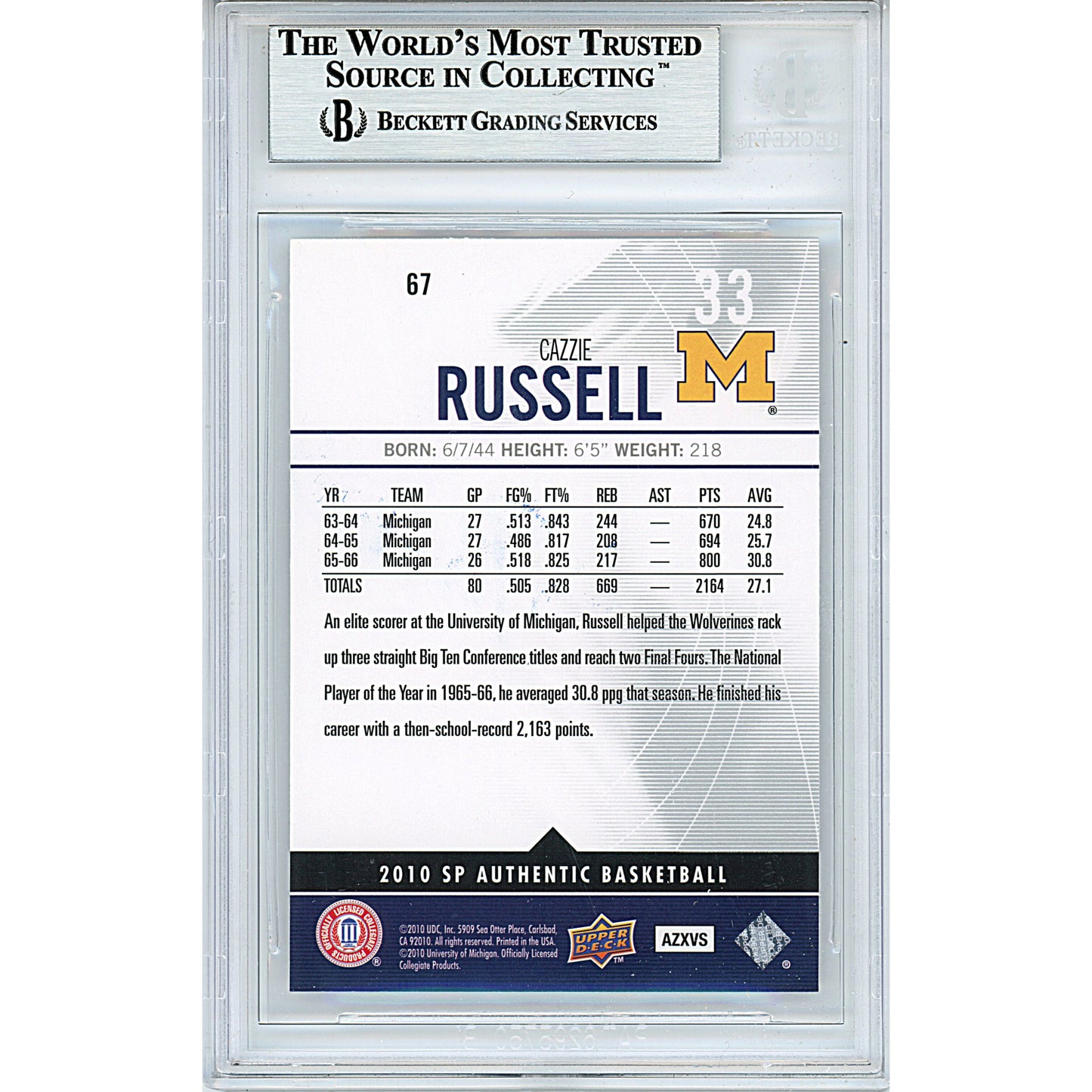 Basketballs- Autographed- Cazzie Russell Signed Michigan Wolverines 2010-2011 Upper Deck SP Authentic Basketball Card Beckett BAS Slabbed 00013694884 - 102